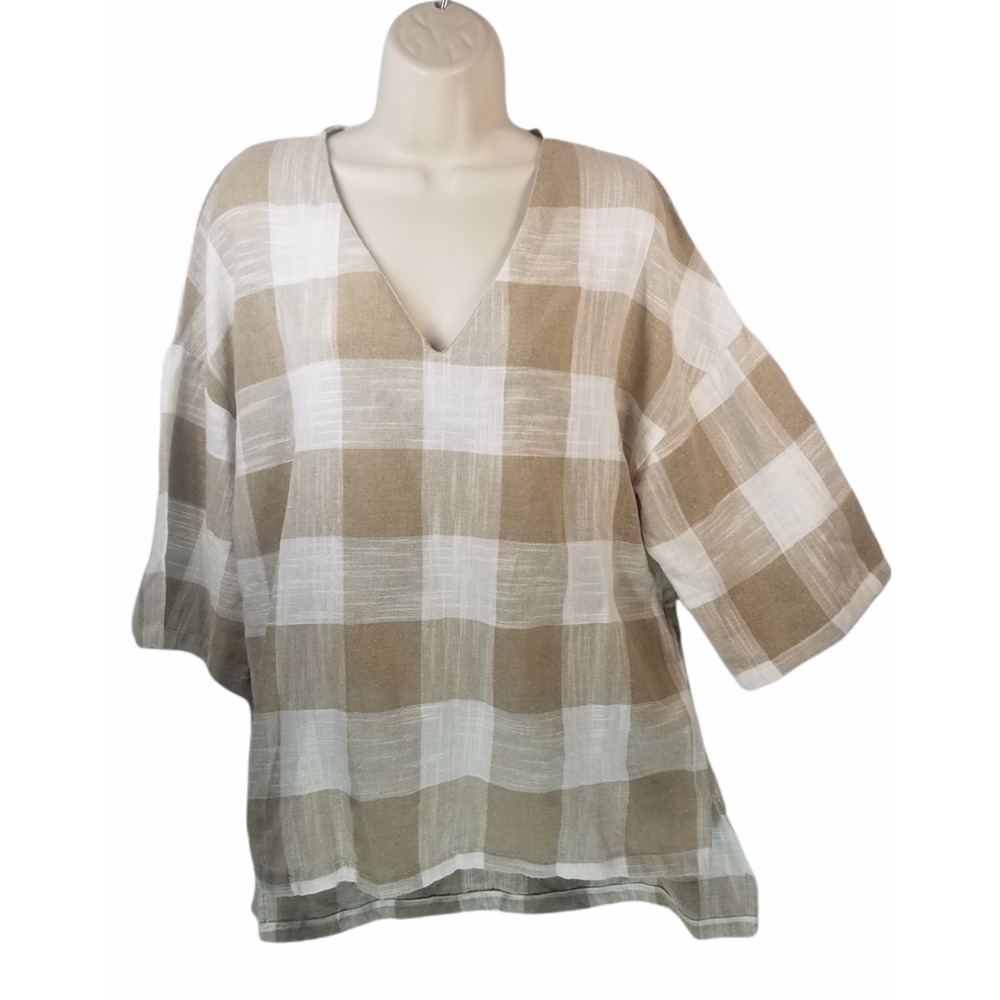 Cotton Bleu Women's Blouse Tunic Beige White V-Neck 3/4 Sleeve Size Small